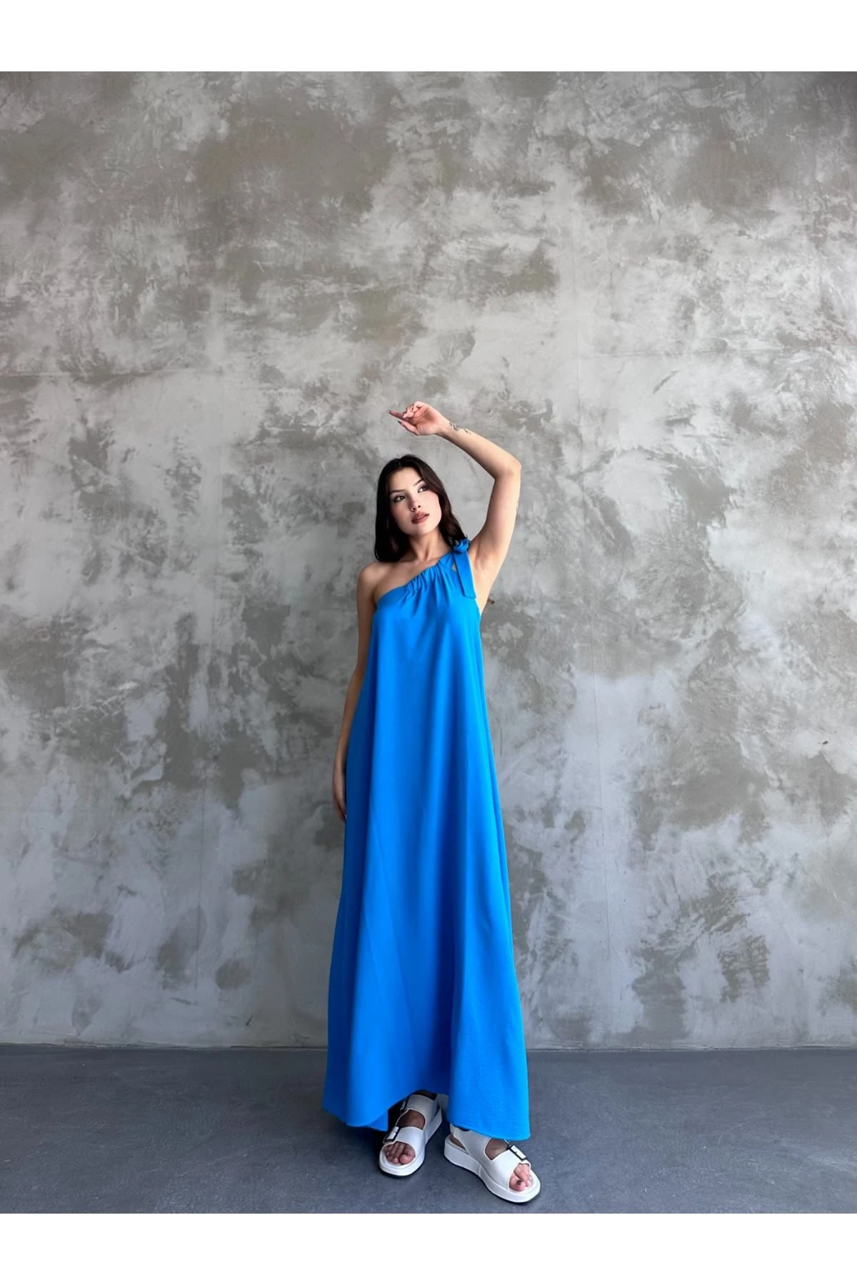 Ayrobin Kumaş Tek Omuz Maxi Elbise