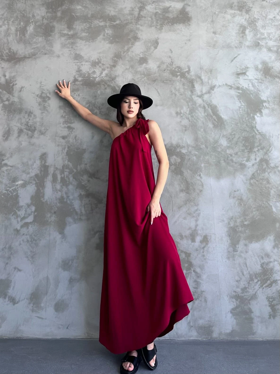 Ayrobin Kumaş Tek Omuz Maxi Elbise