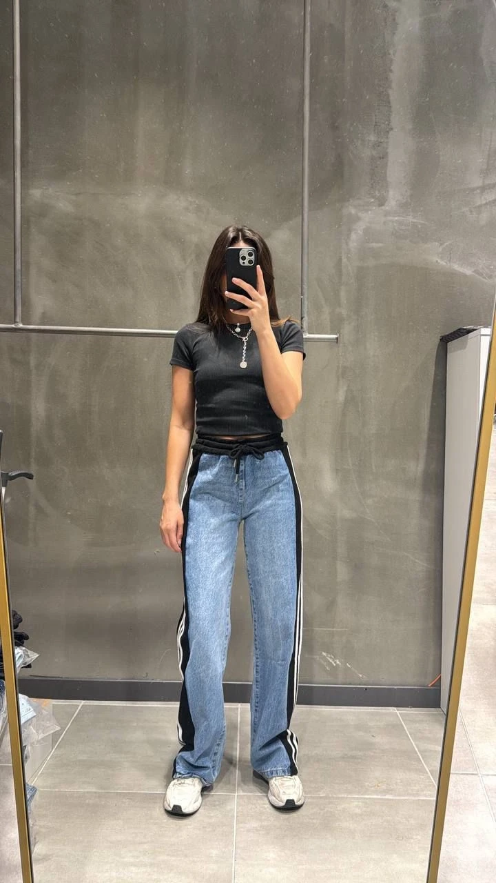 Beli Bağcıklı Yan Şerit Çizgili Denim Pantolon