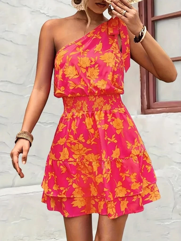 Beli Gipeli Eteği Volanlı Tek Omuz Mini Elbise