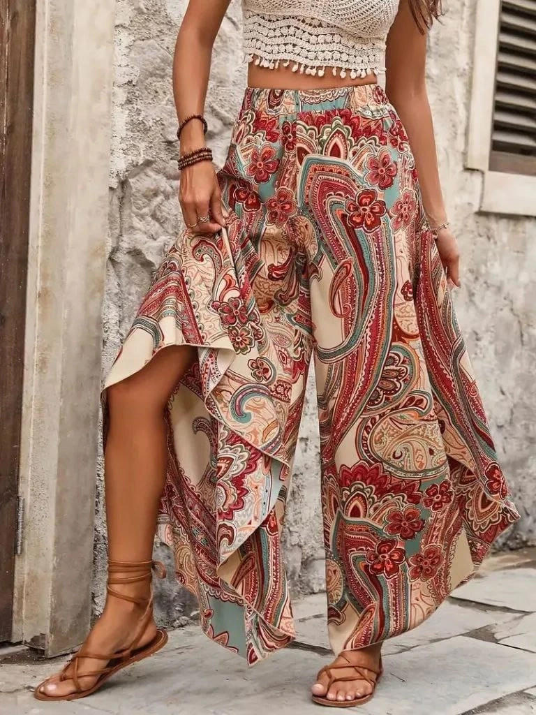 Beli Lastikli Desenli Geniş Paçalı Süprem Pantolon