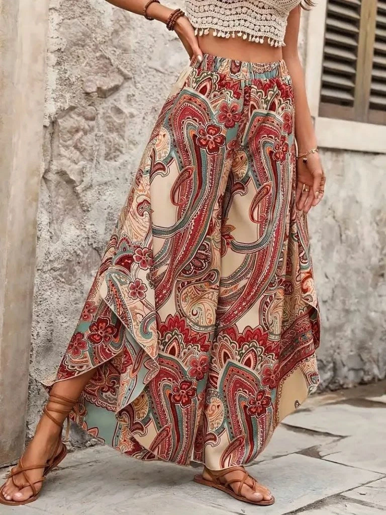 Beli Lastikli Desenli Geniş Paçalı Süprem Pantolon