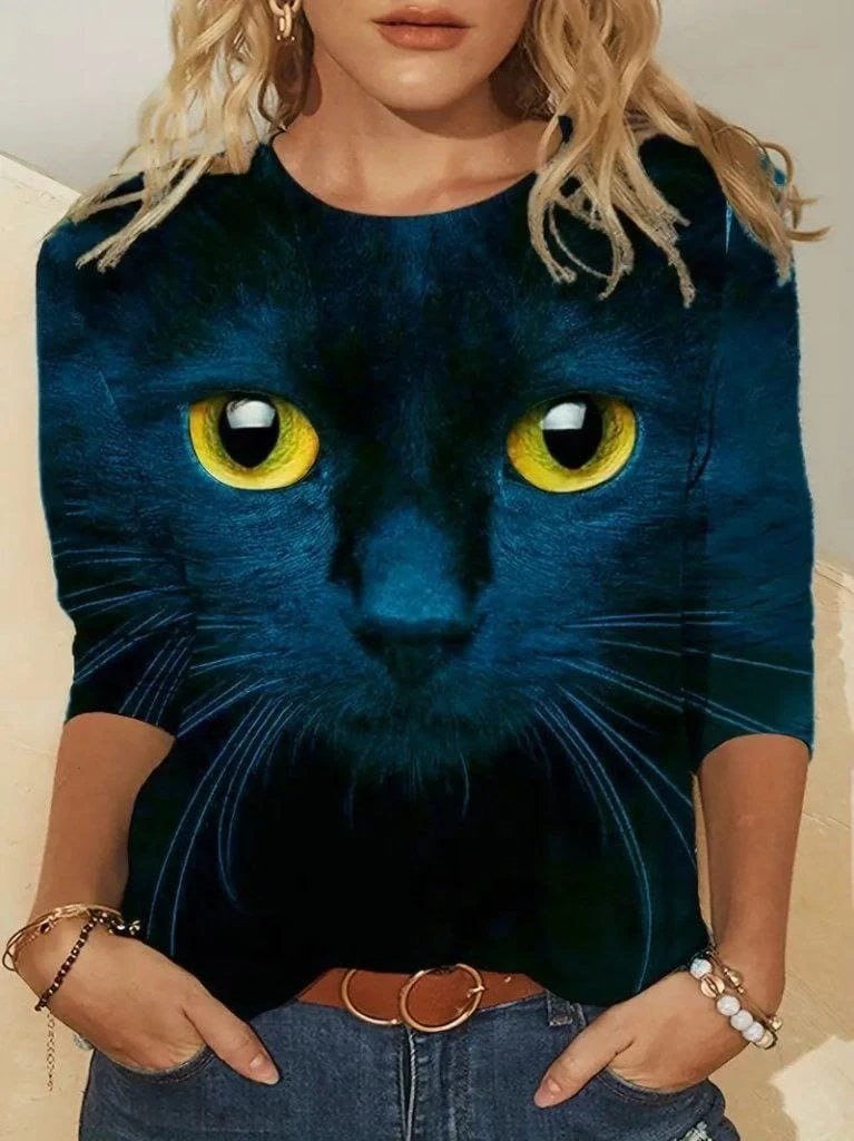 Bisiklet Yaka Kedi Desenli Süprem Bluz