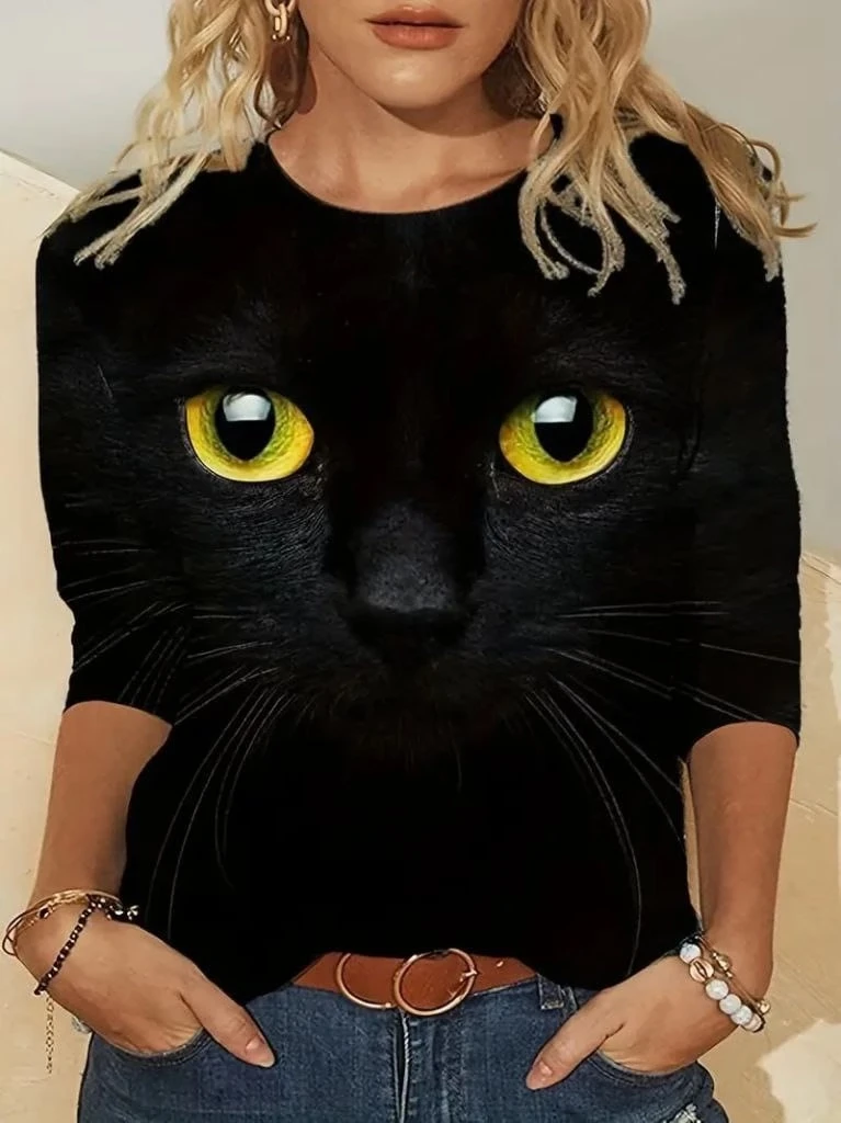 Bisiklet Yaka Kedi Desenli Süprem Bluz