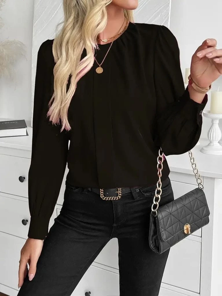 Bisiklet Yaka Pileli İthal Krep Bluz
