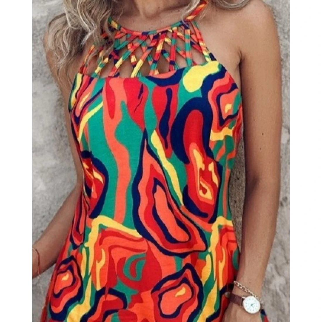 Çapraz Şeritli Çok Renkli Süprem Elbise