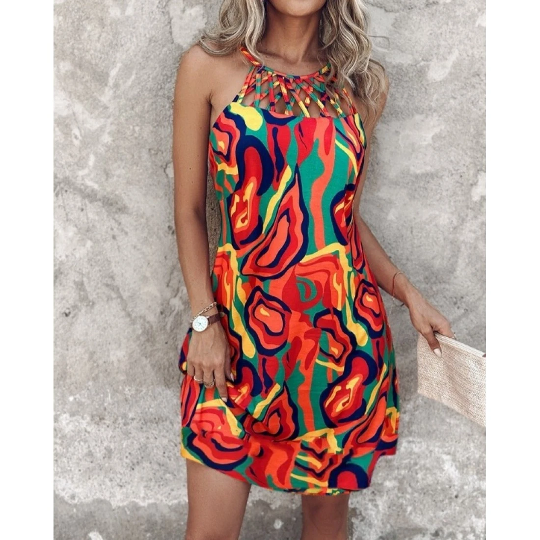 Çapraz Şeritli Çok Renkli Süprem Elbise