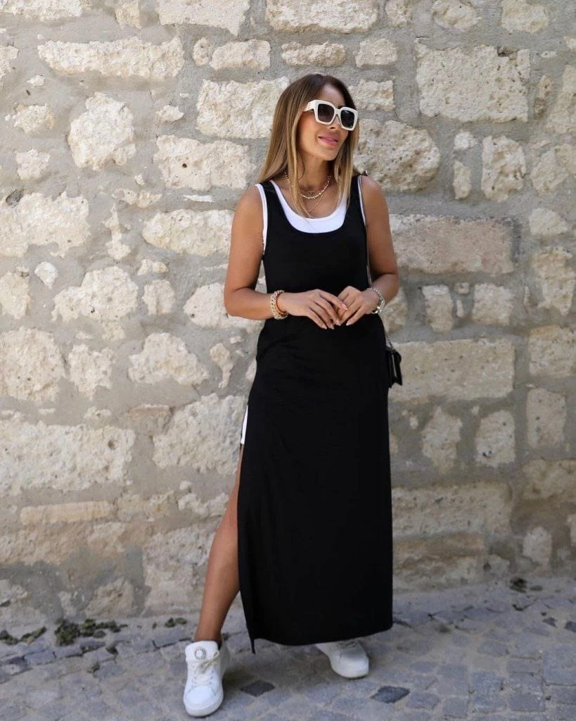 Cepli Yırtmaç Detaylı Viskon Elbise Ve Atlet İkili Takım