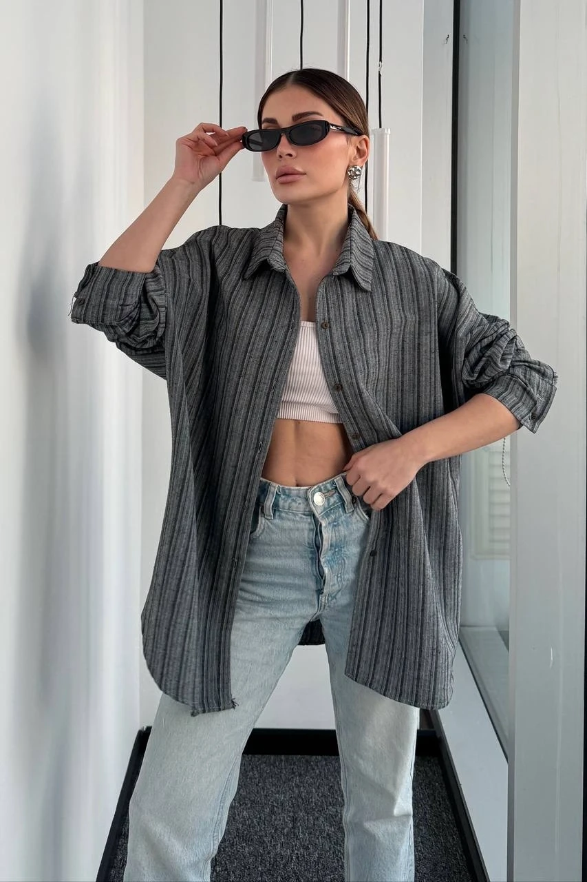 Çigili Keten Oversize Gömlek