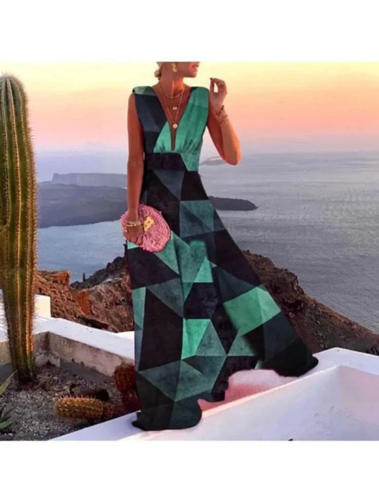 Dalgıç Kumaş Desenli Maxi Elbise