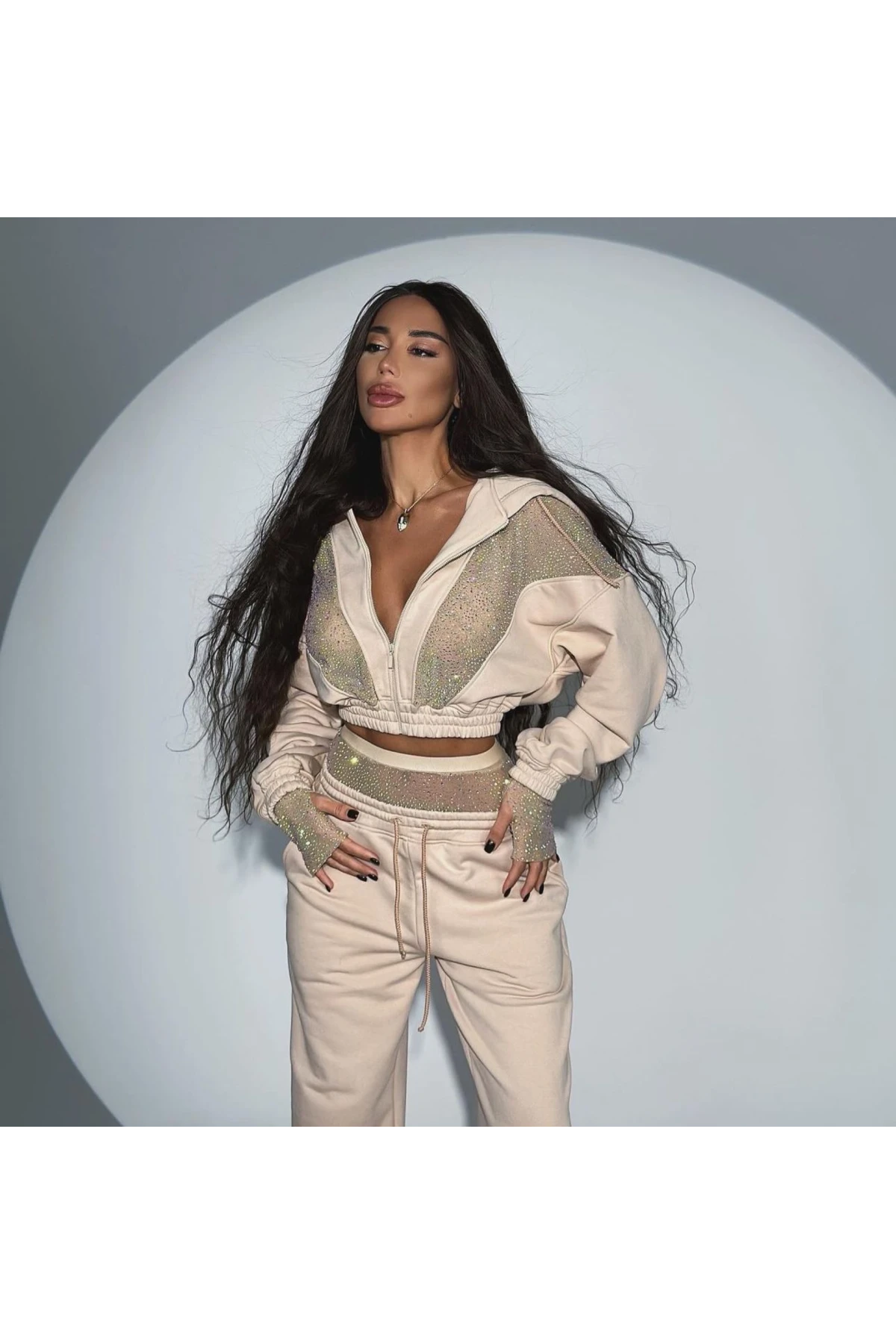 Dalgıç Kumaş İthal Tül Taş Detaylı 2 li  Takım