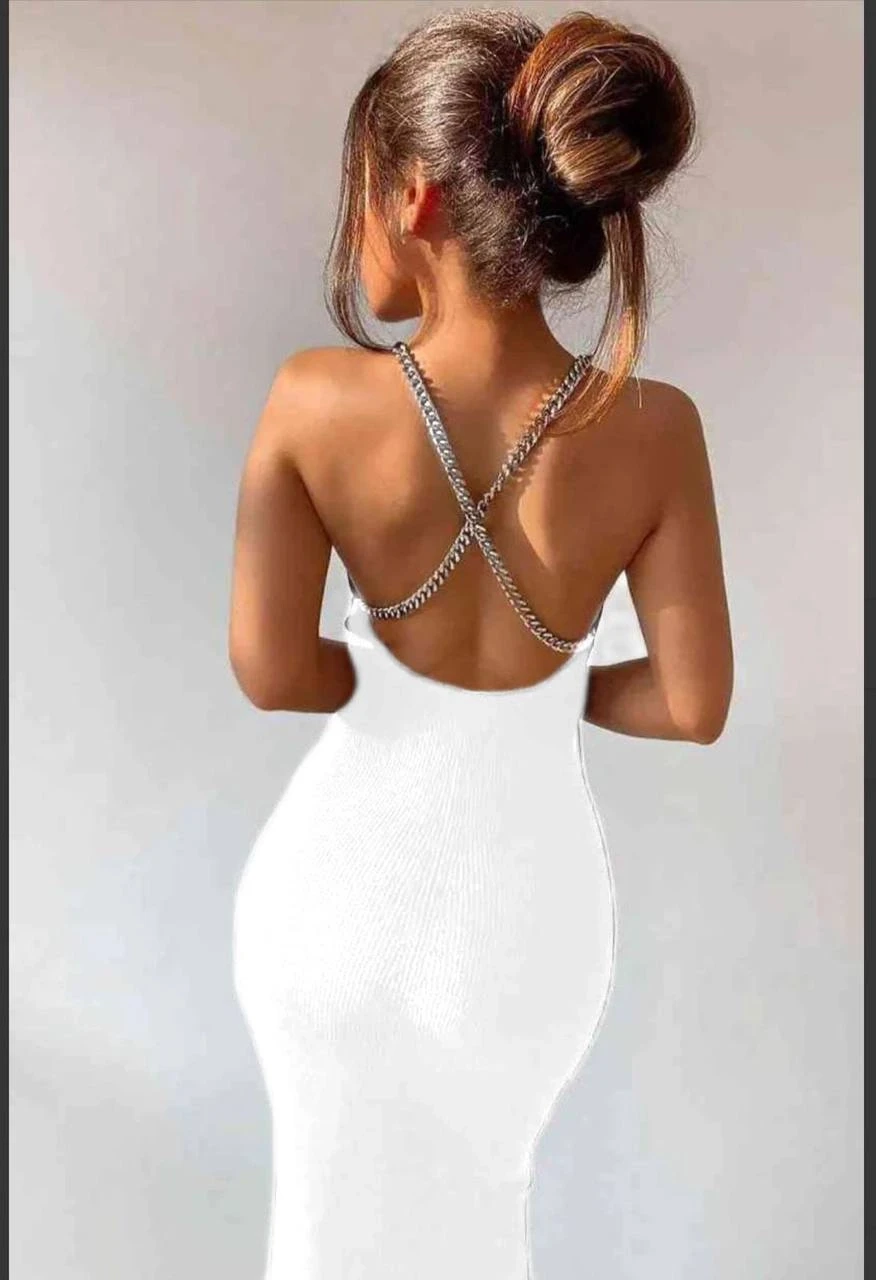 Dalgıç Kumaş Sırtı  Zincirli Yırtmaçlı Maxi Elbise