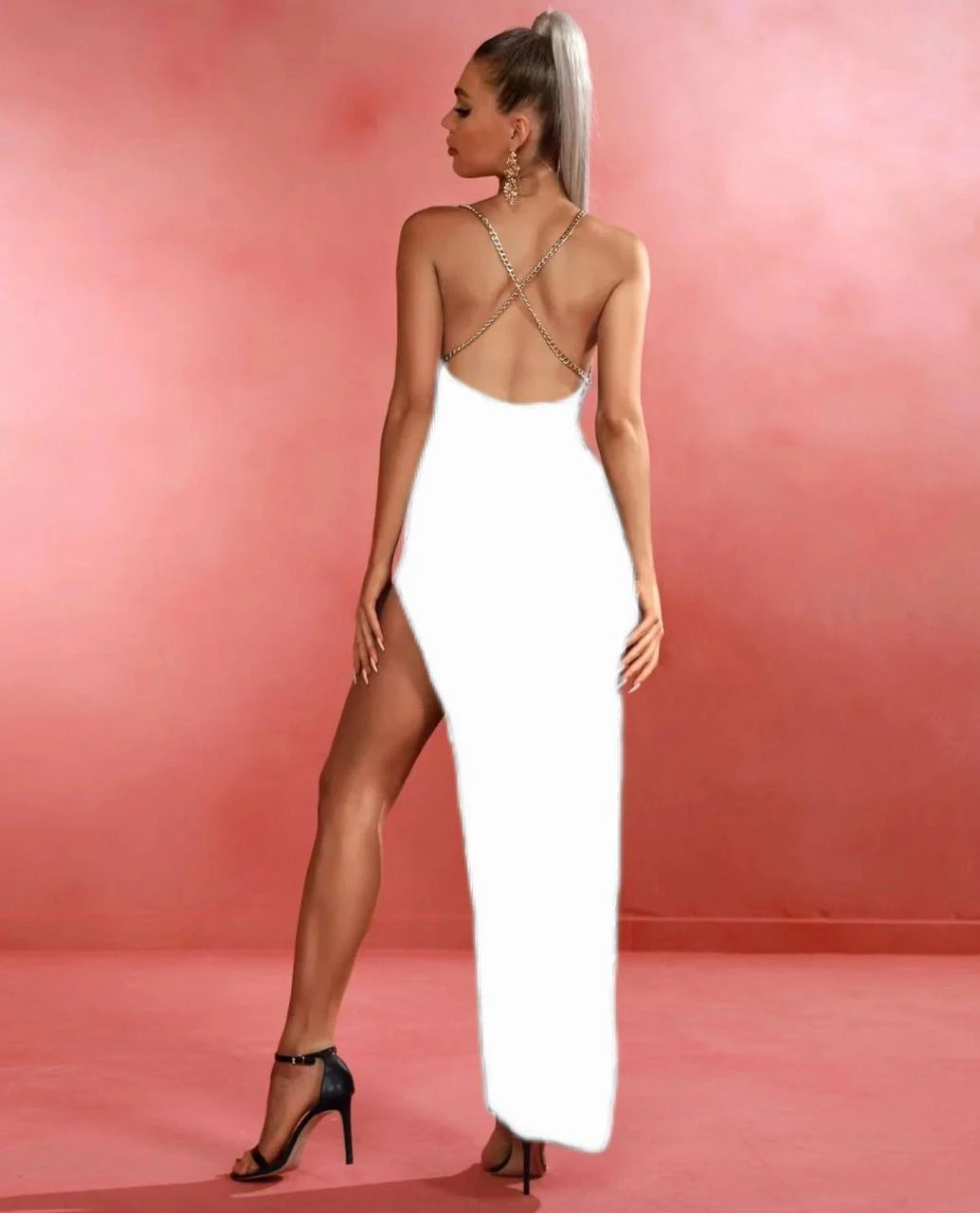 Dalgıç Kumaş Sırtı  Zincirli Yırtmaçlı Maxi Elbise