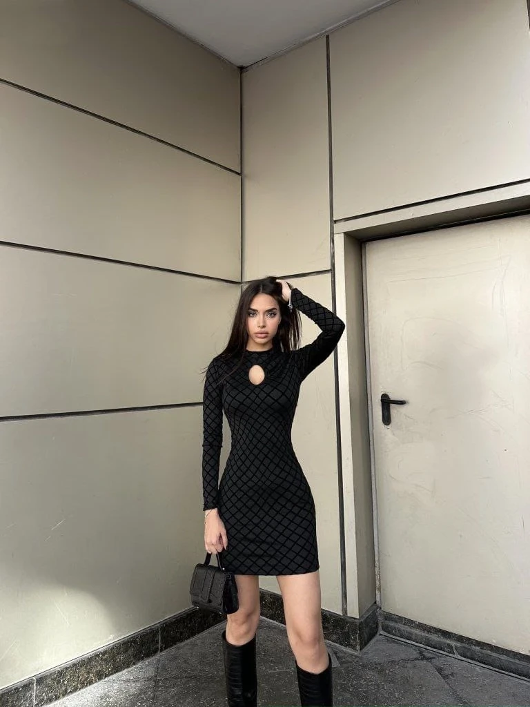Damla Detay Flok Baskı Dalgıç Mini Elbise