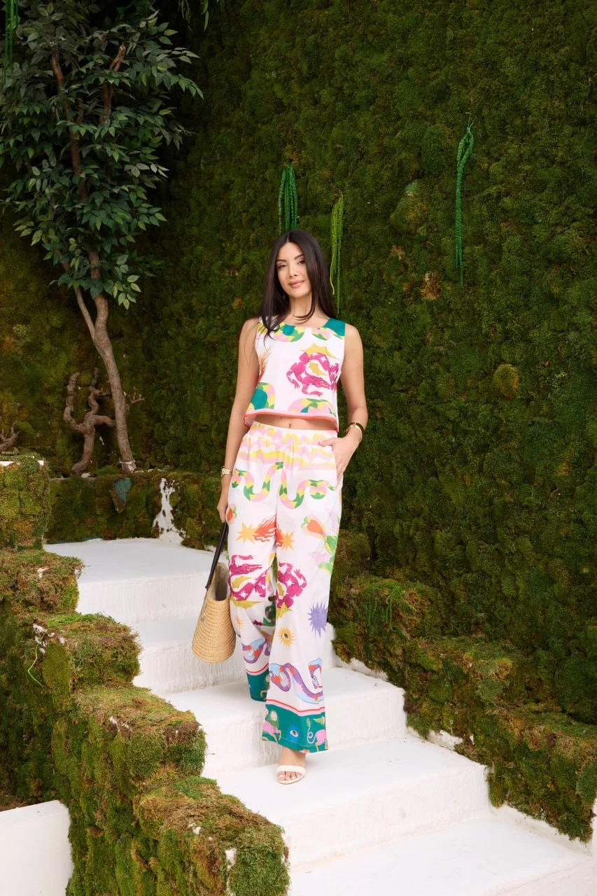 Desen 2li Crop Pantolon Takım İthal Poplin Kumaş