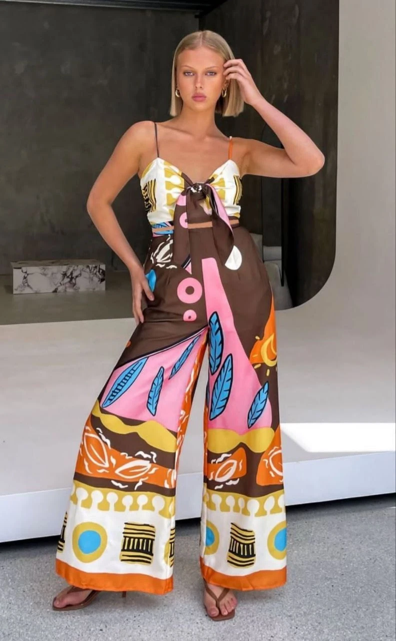 Desenli Crop & Pantalon Takım