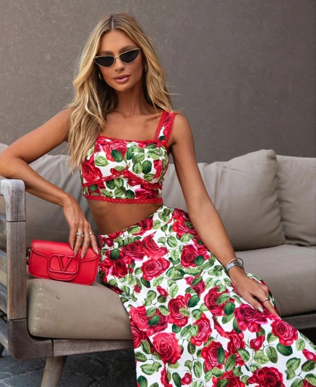 Desenli Dantel Detaylı Crop&Etek Takım İthal Krep Kumaş