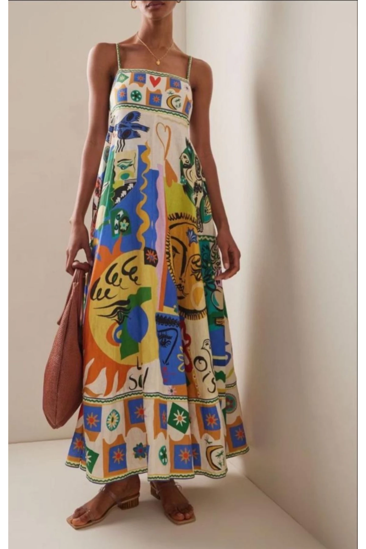 Desenli Kare Yaka Elbise İthal Krep Kumas