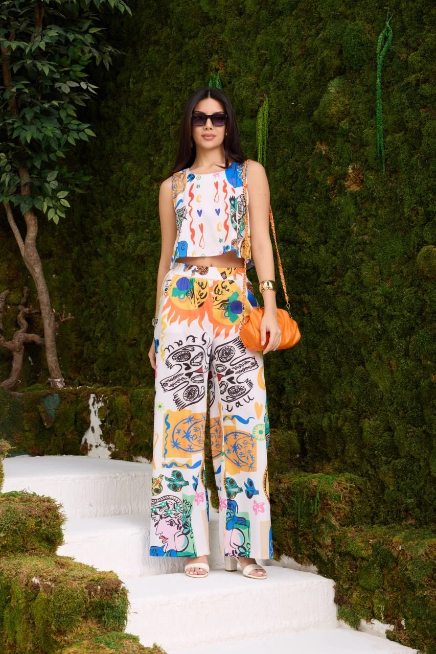 Güneş Desen 2li Crop Pantolon Takım İthal Poplin Kumaş