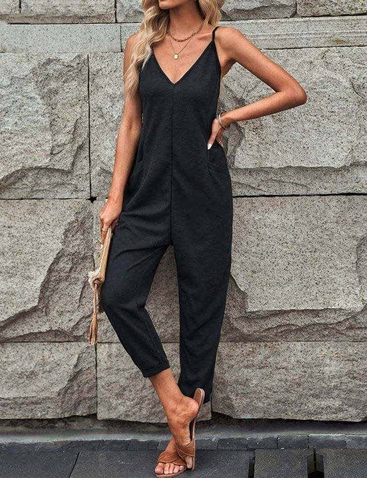 İp Askılı V Yakalı Cep Detay Waffle Kumaş Tulum