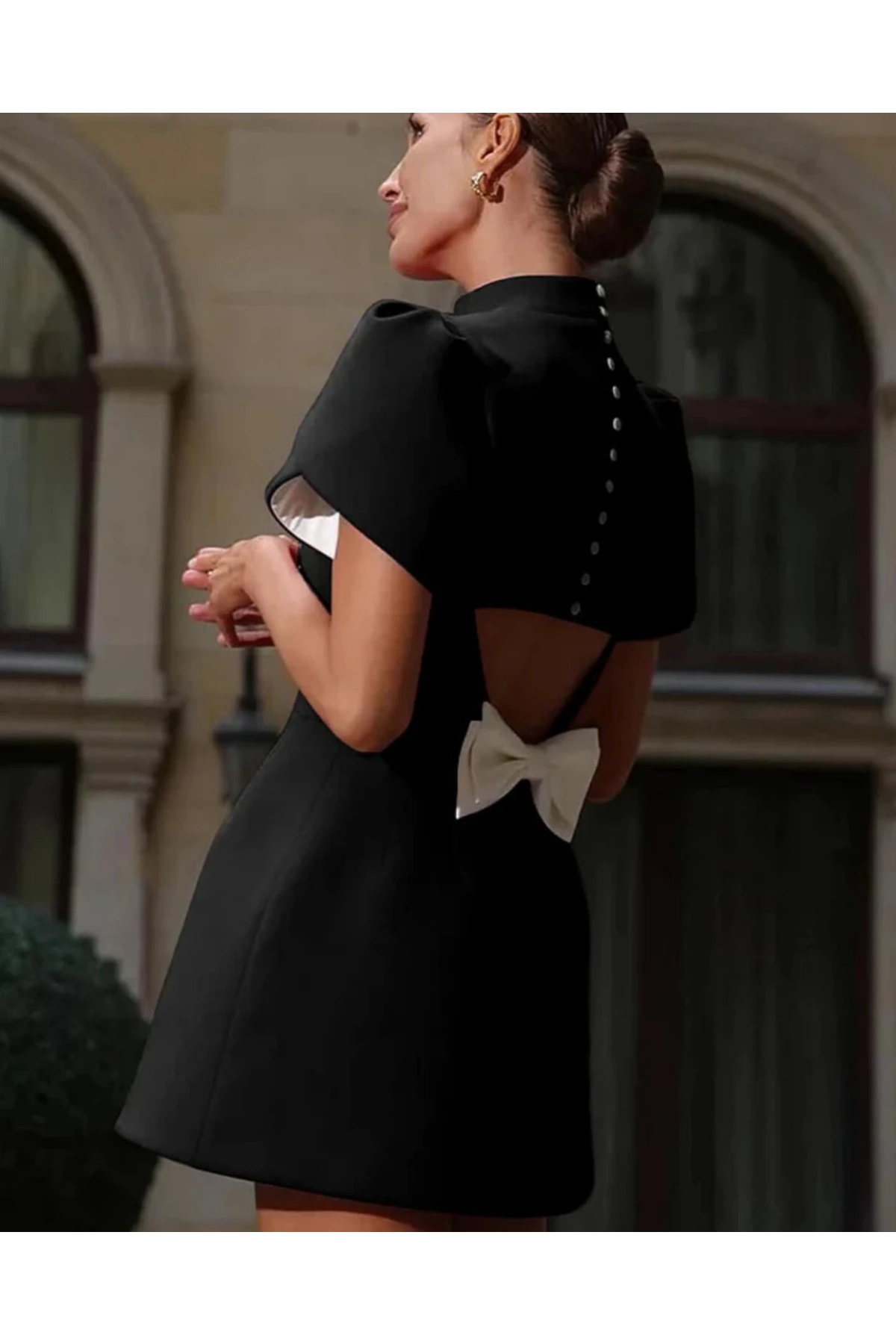 İthal Atlas Kumaş Sırtı Fiyonklu Elbise