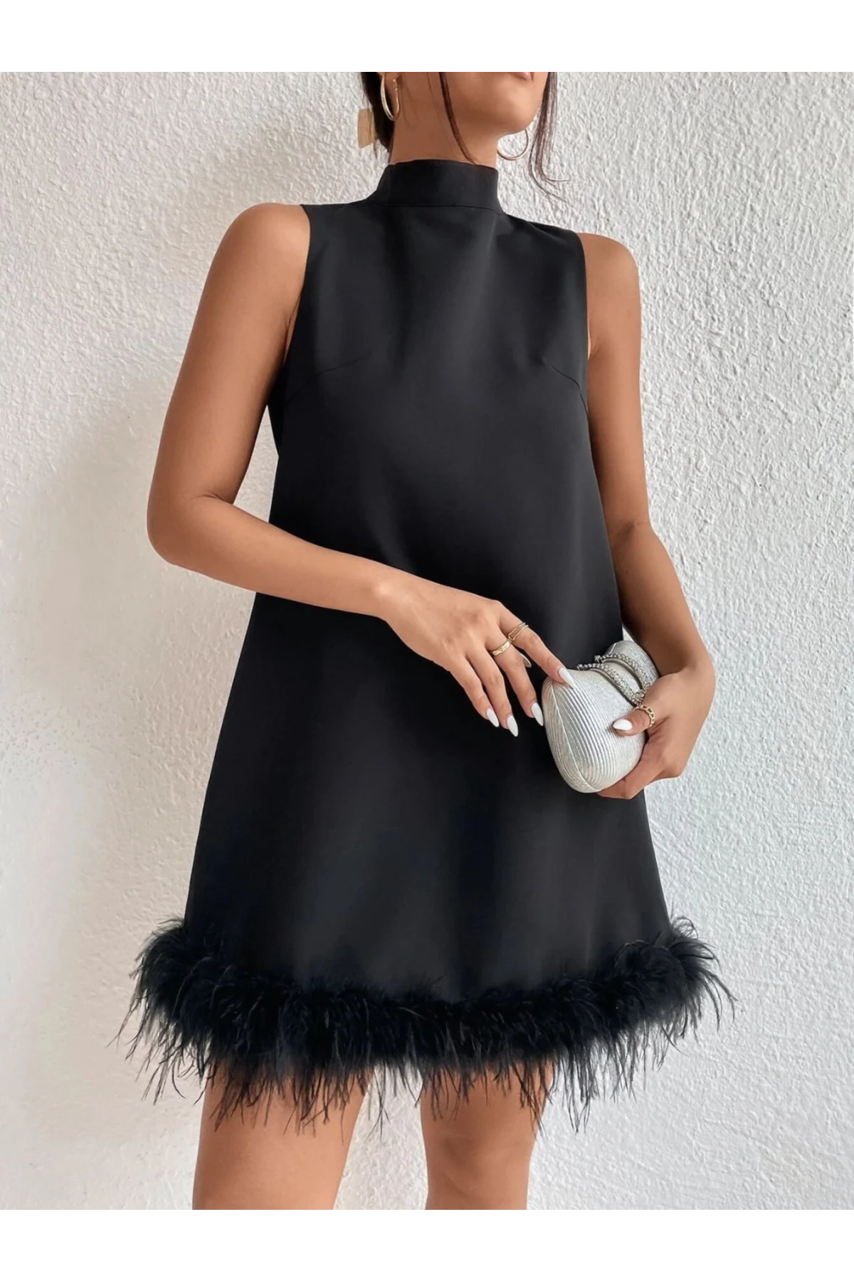 İthal Dabıl Kumaş Tüy Garnili Elbise