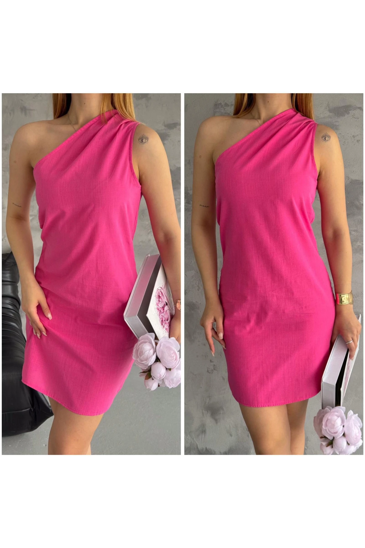 İthal Keten Omuz Detaylı Elbise