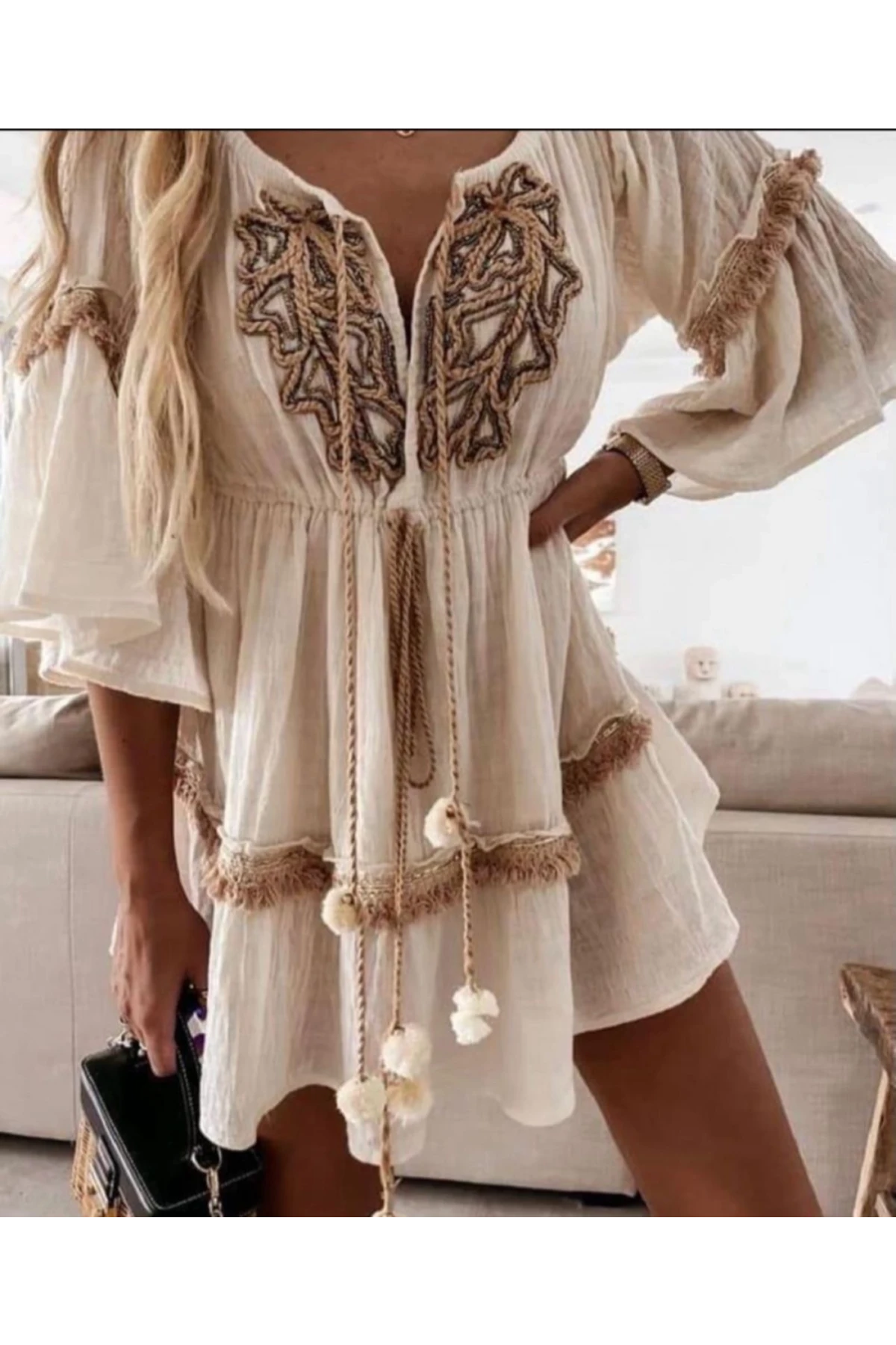 İthal Muslin Kumas Nakıs  Detaylı Elbise