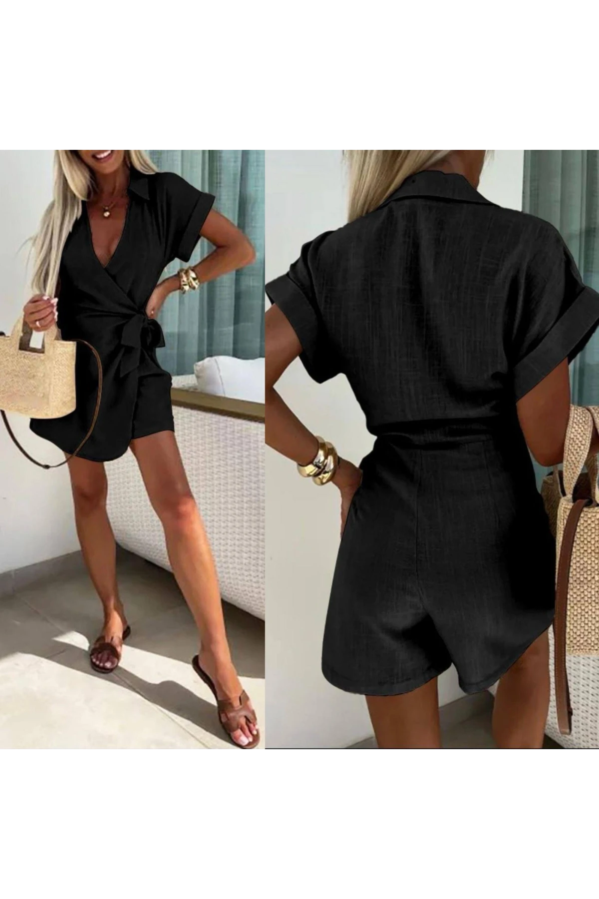 İthal Sofia Keten Kumaş Gizli Fermuar Detaylı Mini Tulum