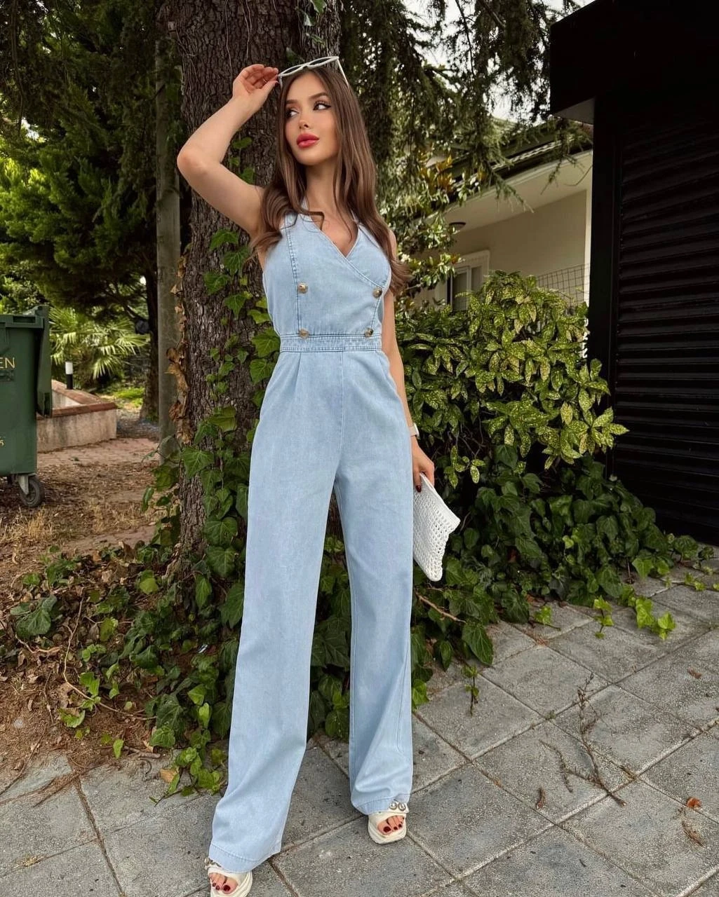 İthal Tensel Denim Tulum Gold Düğme Detay Boyundan Düğmelidir