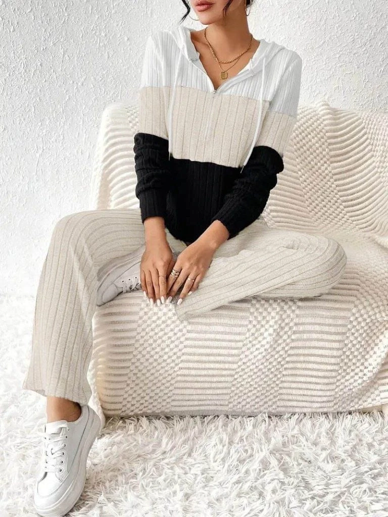 Kapşonlu Bağcıklı Blok Renkli Şardonlu Kaşkorse Bluz Ve Pantolon İkili  Takım