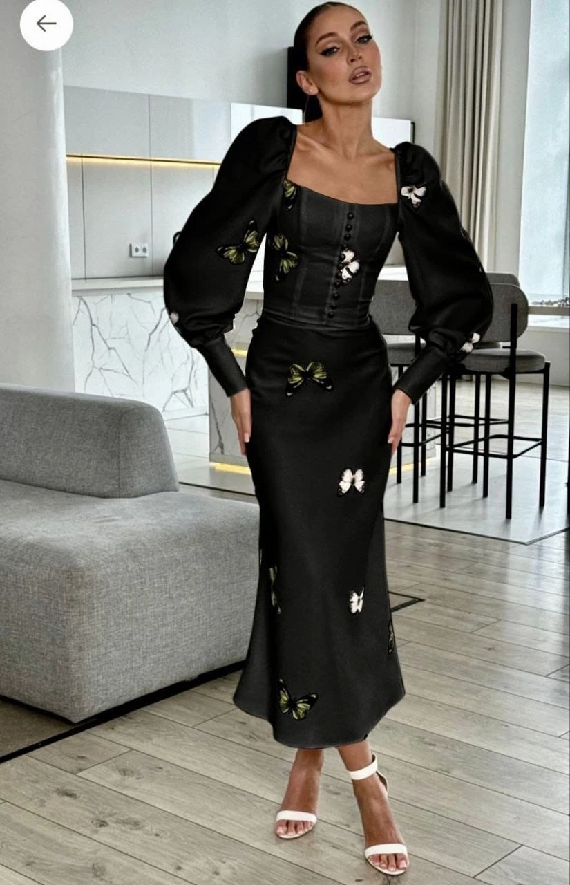 Kelebek Desen Düğme Detaylı İthal Jessica Kumaş  Elbise