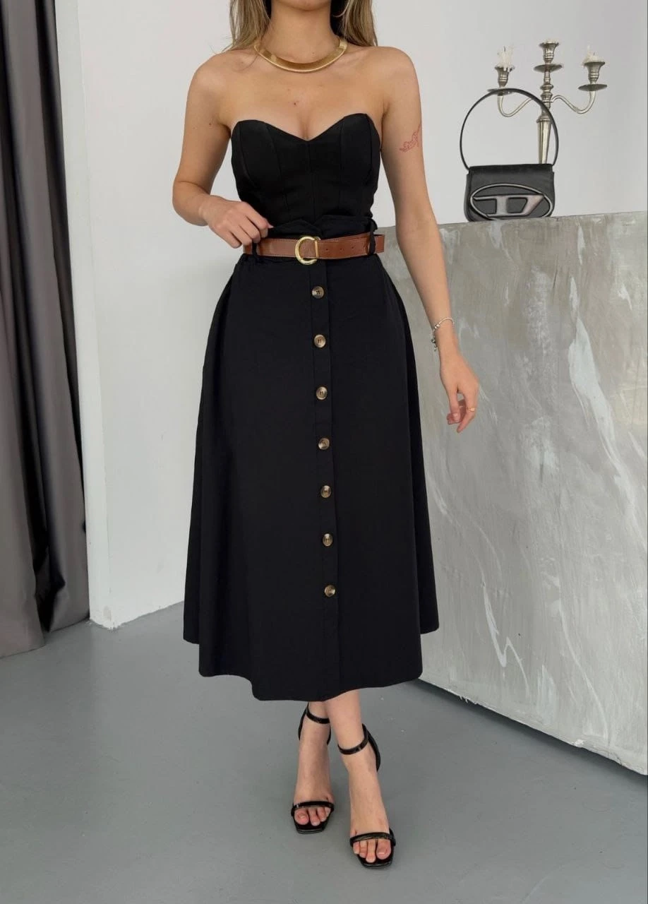 Kemerli Boydan Düğmeli Keten Etek