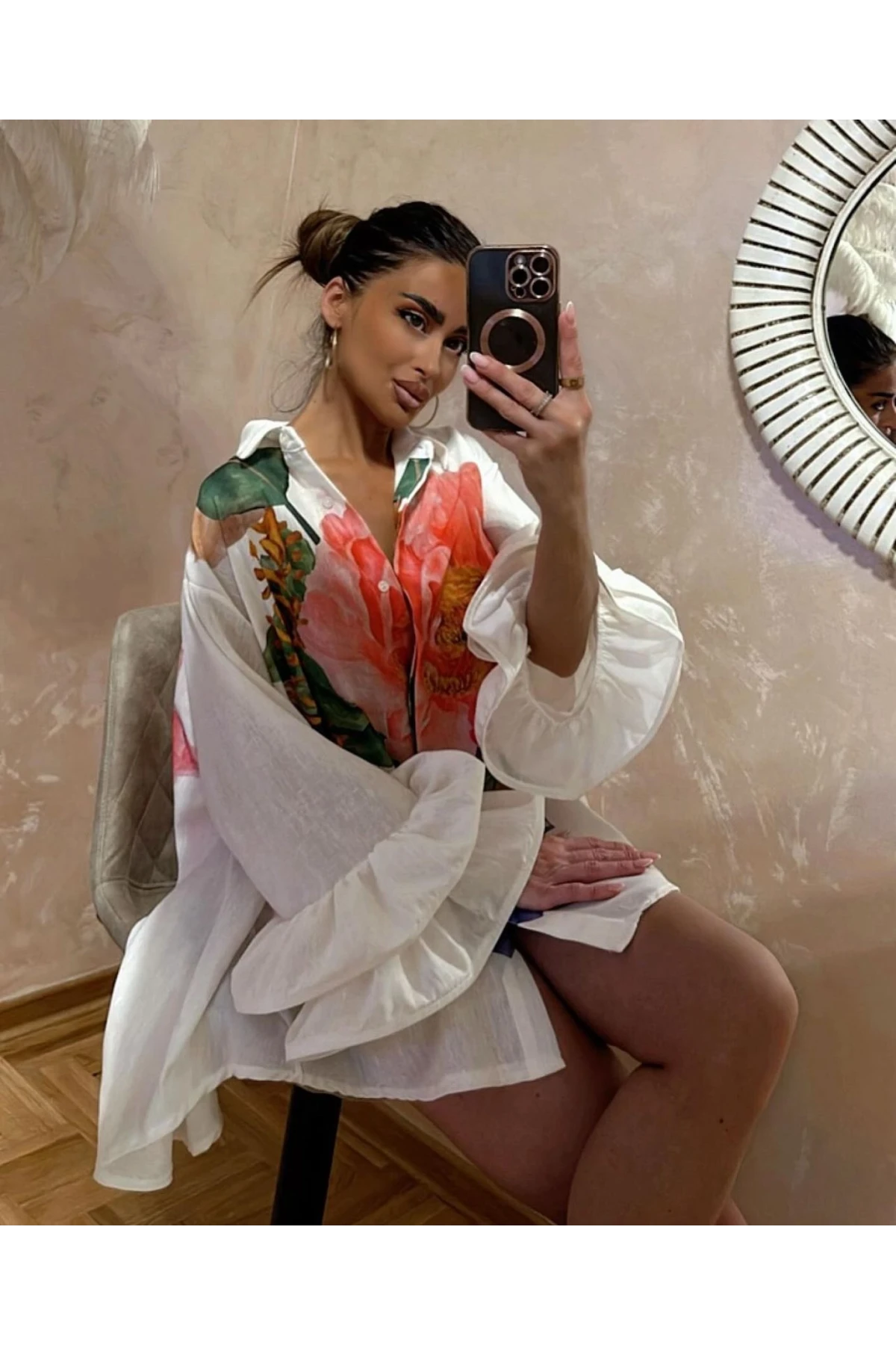 Keten Kumaş Baskı Detaylı Kollar Fırfırlı Gömlek Elbise