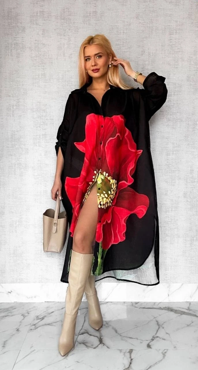 Keten Kumaş Desen Baskılı Cep Detaylı Elbise