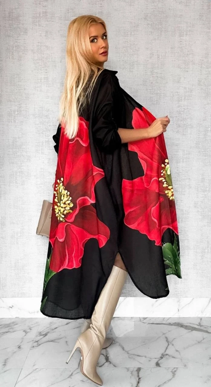 Keten Kumaş Desen Baskılı Cep Detaylı Elbise