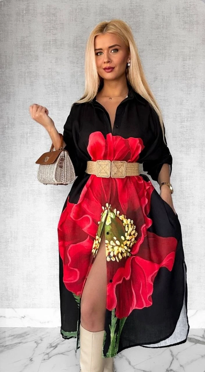 Keten Kumaş Desen Baskılı Cep Detaylı Elbise