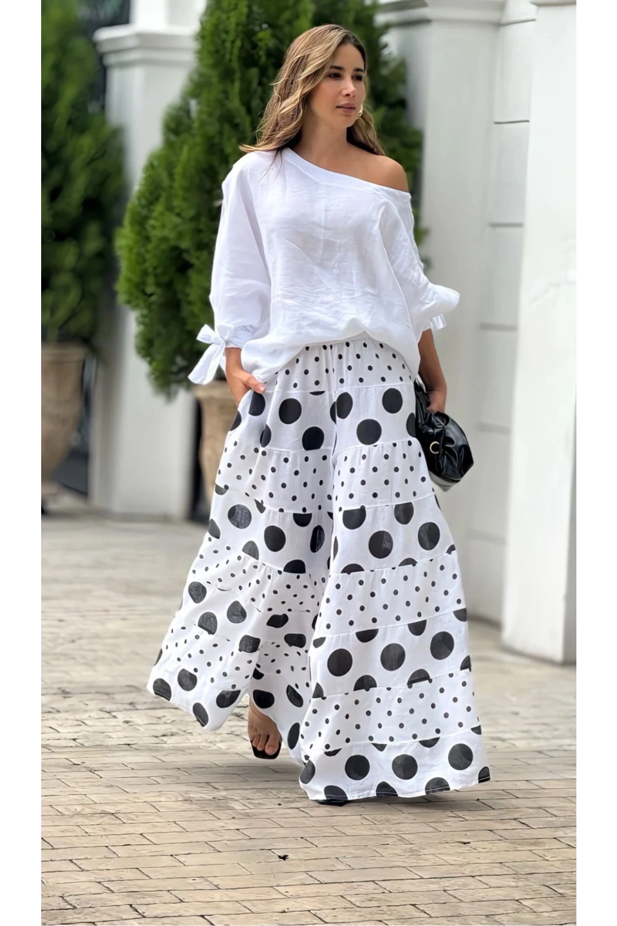 Keten Kumaş Puantiye Desenli Pant Ve Bluz Takım