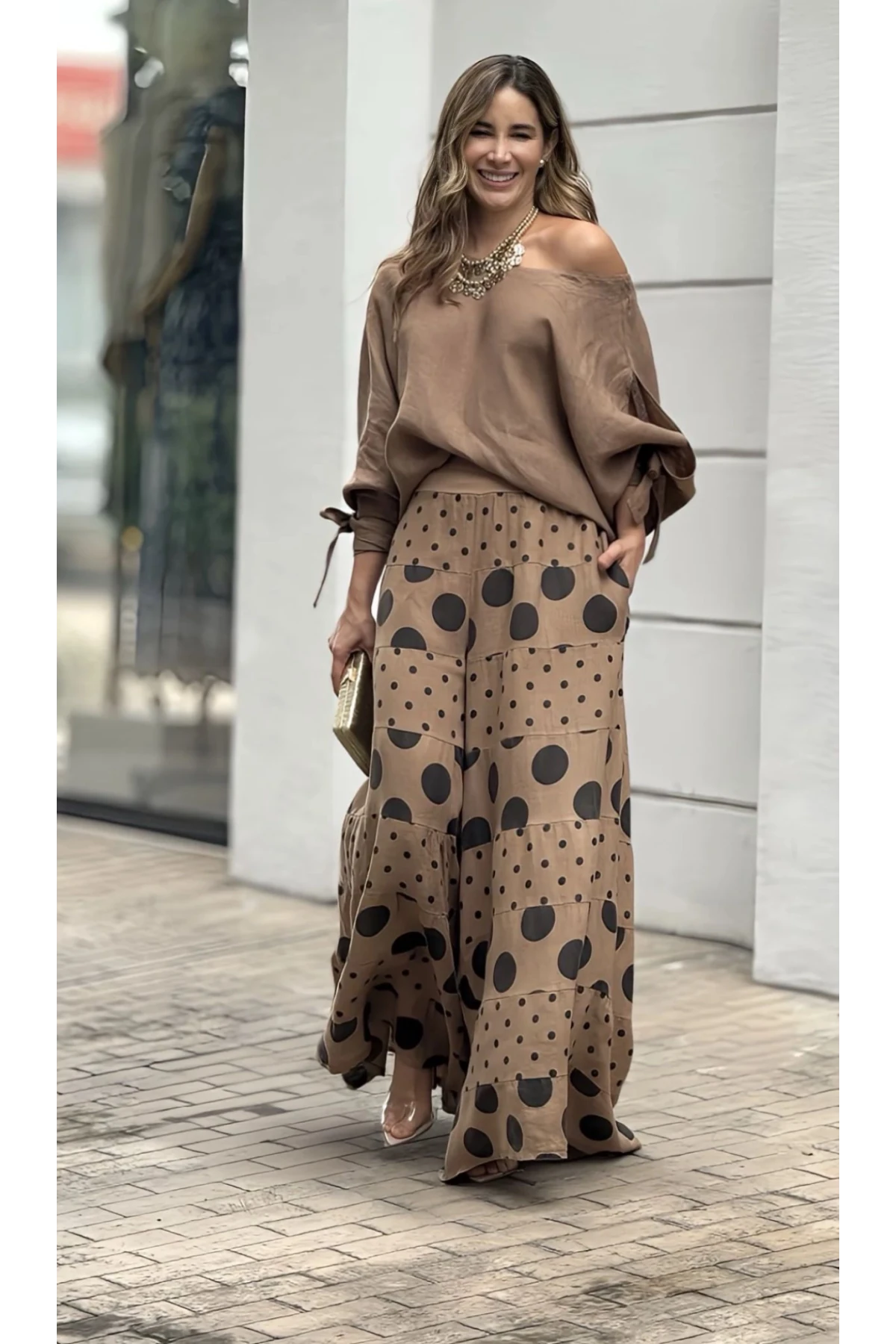 Keten Kumaş Puantiye Desenli Pantolon Ve Bluz Takım