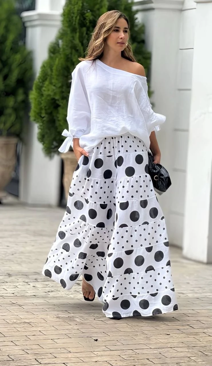 Keten Kumaş  Puantiye Desenli Pantolon Ve Bluz Takım