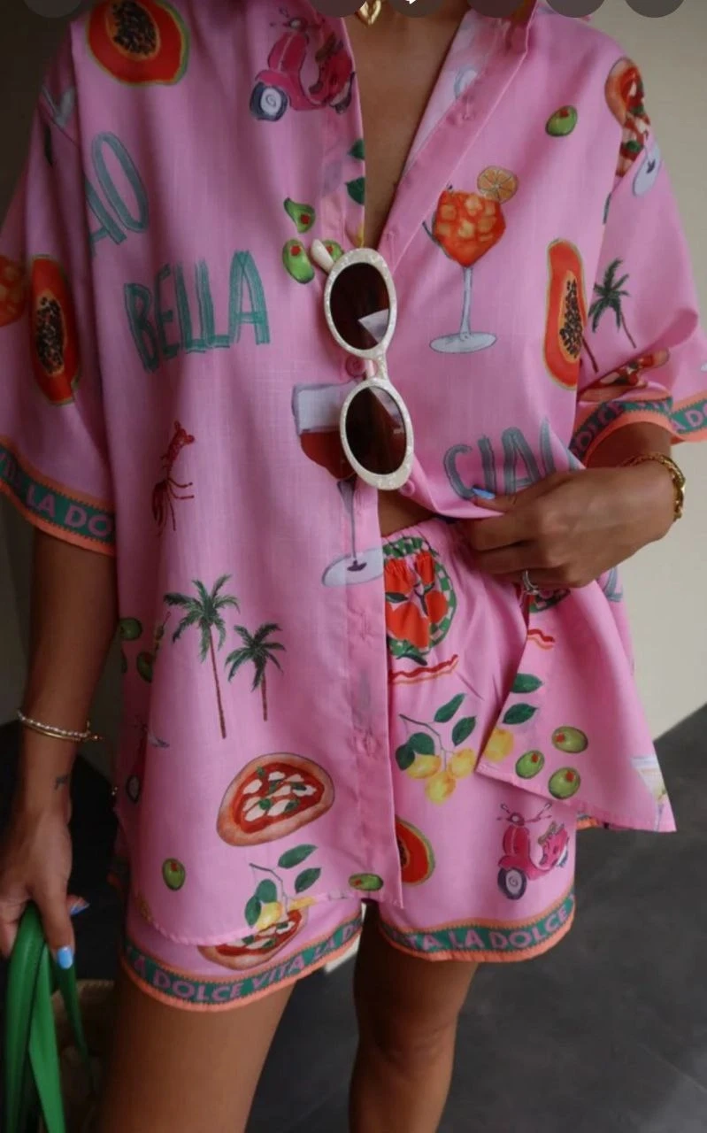 Keten Kumas Şortlu Takım Pembe