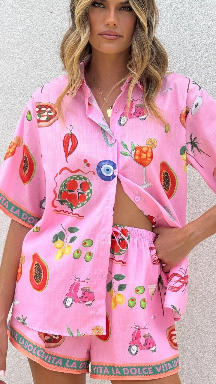 Keten Kumas Şortlu Takım Pembe