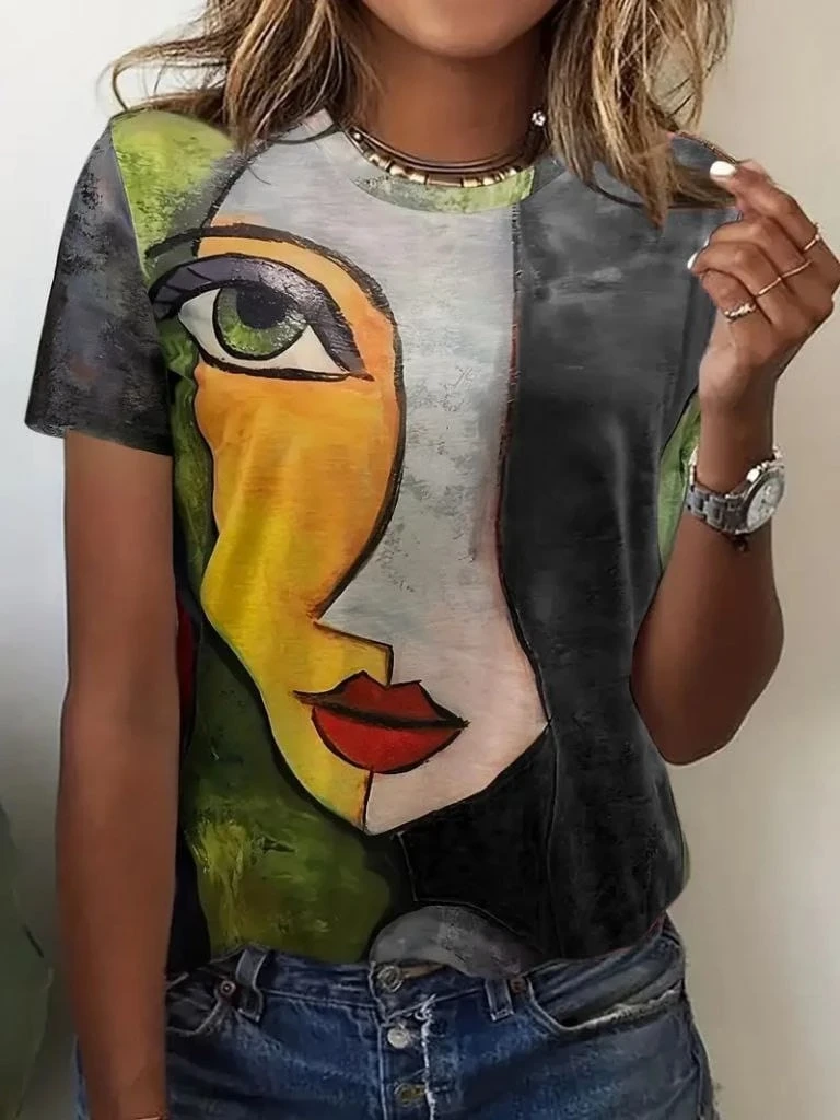 Kısa Kollu Yüz Baskılı Süprem  Kumaş T-Shirt