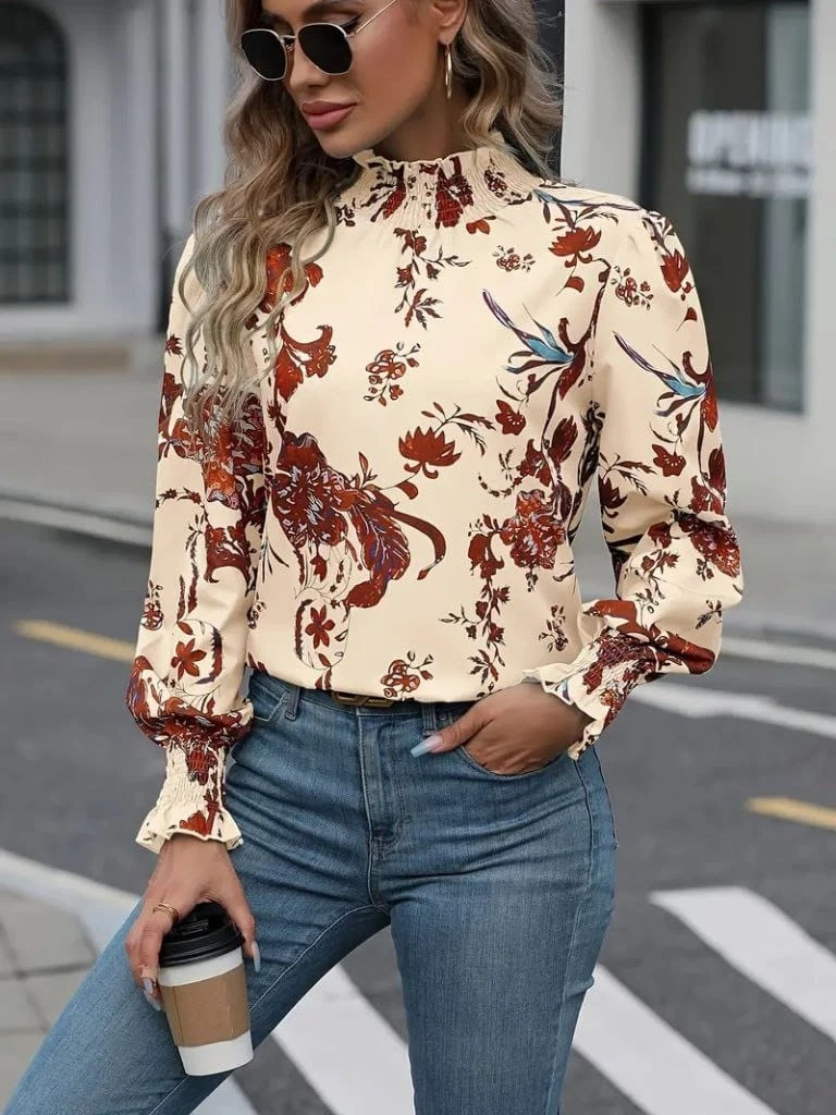 Kollu Balıkçı Yaka Çiçek Desenli Süprem Bluz