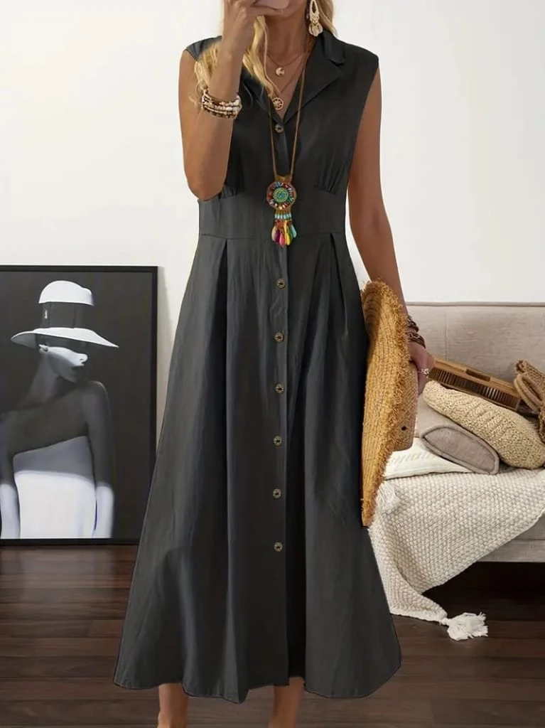 Kolsuz Gömlek Yaka Önden Düğmeli Keten Maksi Elbise