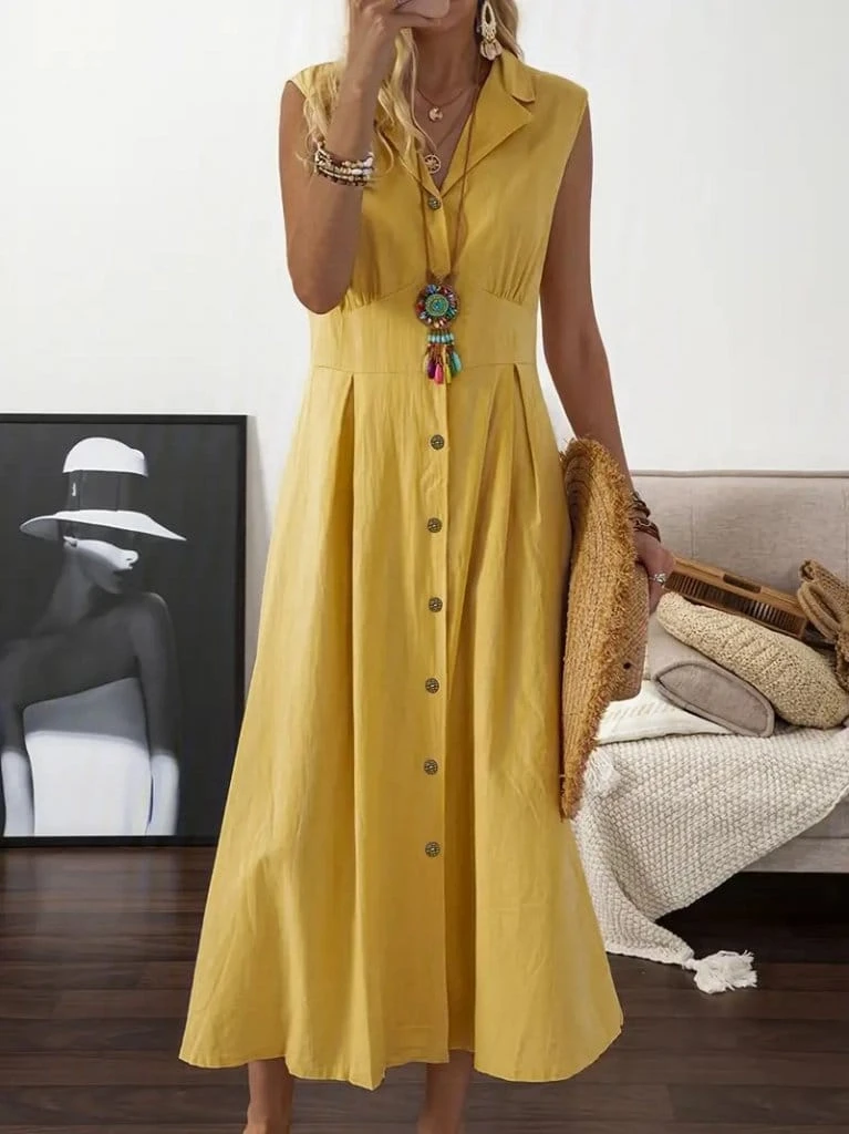 Kolsuz Gömlek Yaka Önden Düğmeli Keten Maksi Elbise