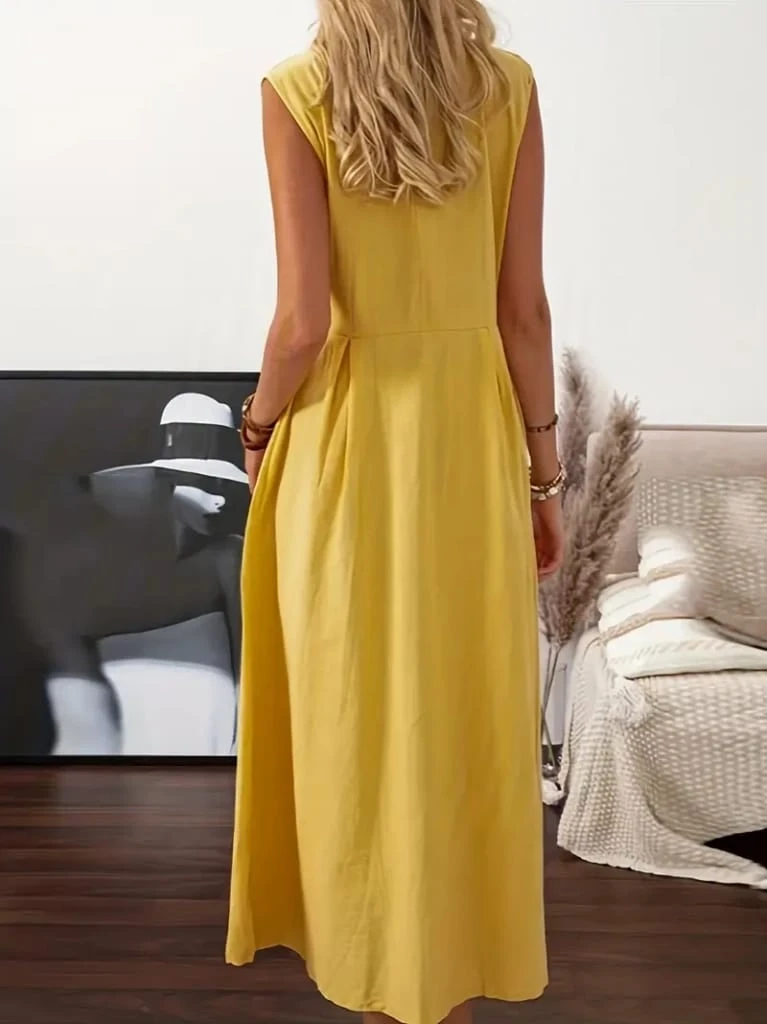 Kolsuz Gömlek Yaka Önden Düğmeli Keten Maksi Elbise