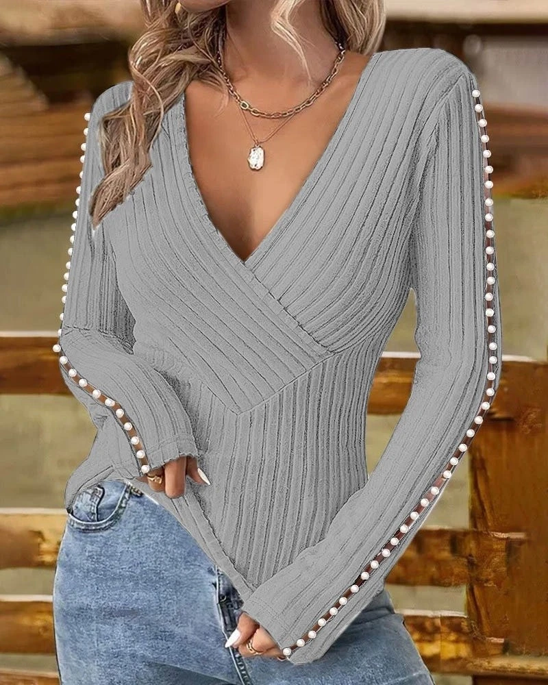 Kruvaze Yaka İncili Şardonlu Dalgıç Bluz