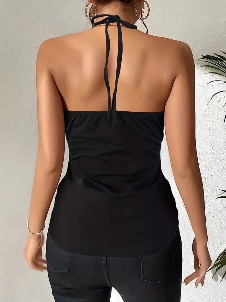 Kuş Gözü Ve Dekolte Detay Boyundan Bağlamalı Viskon Bluz