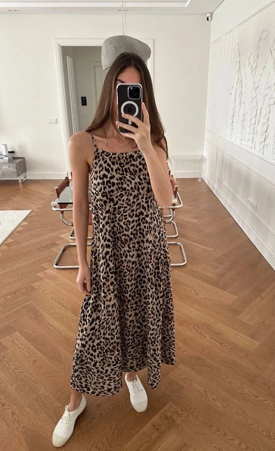Leopr Desen İnce Askılı Elbise
